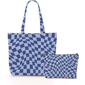 Retro Checkered Christmas Birthday Canvas Tote Bag Shopping Grocery Bag with Pocket & Makeup Bag for Women Girls