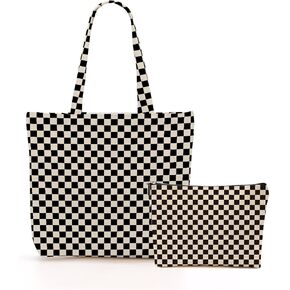 Retro Checkered Christmas Birthday Canvas Tote Bag Shopping Grocery Bag with Pocket & Makeup Bag for Women Girls