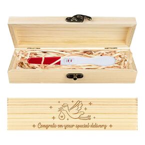 CHGCRAFT Pregnancy Test Keepsake Box Stork Wooden Pregnancy Test Gift Box with Raffia Ribbon and Lock Pregnancy Announcement Gifts Box Announcement Gifts for Husband Parents, 8x2x1.2inch