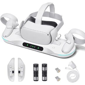 قاعدة شحن لـ Meta Quest 2، محطة شحن VR لـ Quest 2 مع بطاريتين قابلتين للشحن وشاحن وكابل USB-C، تدعم مؤشر LED