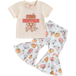 Eadrioss Toddler Baby Girl Thanksgiving Outfit Pumpkin Pie Print Short Sleeve Shirt Tops Flare Pants Thanksgiving Clothes