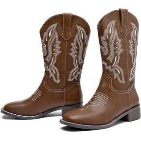 DADAWEN Women's Cowboy Boots Mid Calf Cowgirl Boots Embroidered Square Toe Pull On Western Boots