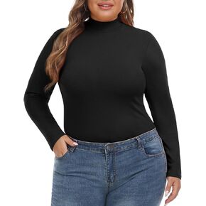 FOREYOND Red Plaid Plus Size Mock Turtleneck Base Layer Slim Fit Tops Lightweight Long Sleeve Shirt Plus Size Mock Neck Pullover for Women XXX