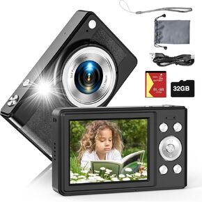 Digital Camera-56MP FHD 1080P Cameras for Photography-Autofocus Point and Shoot Vlogging Camera with 16X Zoom, 32GB TF Card, 2 Batteries,Lanyard- Compact Small Camera for Kids Teens Boys Girls（Black
