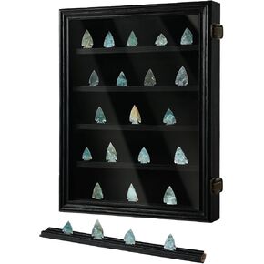 Arrowhead Display Case Holder, Lockable Native American Arrow Head Display Frame Box Cabinet Rack with HD Tempered Glass and Removable Shelves for Arrowheads Stone Collection, Rustic Wood
