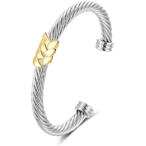 POWNOOL Cuff Bracelets for Women Cable Wire Bracelet | Silver and Gold 2 Tone Twisted Bangle | Vintage Knot Cuff Bracelets for Women