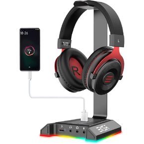 EKSA Headphone Stand, RGB Gaming Headset Stand for Desk with 7.1 Surround Sound, Headphone Holder with 3.5mm Aux and 2 USB Ports, Aluminum PC Gamer Headset Accessories for All Headphones Size