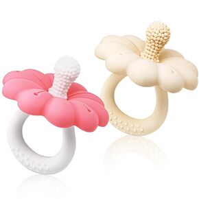 2 Packs Baby Teething Toys for 0-6 6-12 Month, 100% Food Grade Silicone Teether Ring, Flower Baby Chew Toy, BPA Free (Pink & Caramel)