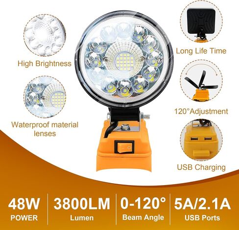 مصباح عمل LED لاسلكي محمول لبطارية ديوالت 20 فولت، 27 وات 2850 لومن الأضواء الكاشفة في الهواء الطلق، مع منفذي شحن USB لورشة العمل، والطوارئ، والمرآب، وصيد الأسماك، والتخييم، وأضواء العمل تحت الخطاف in Saudi Arabia