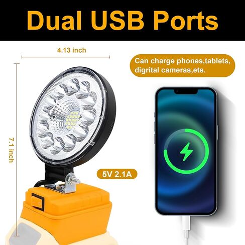 مصباح عمل LED لاسلكي محمول لبطارية ديوالت 20 فولت، 27 وات 2850 لومن الأضواء الكاشفة في الهواء الطلق، مع منفذي شحن USB لورشة العمل، والطوارئ، والمرآب، وصيد الأسماك، والتخييم، وأضواء العمل تحت الخطاف in Saudi Arabia