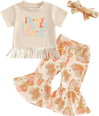 Western Toddler Baby Girl Clothes Vintage Short Sleeve Top Fringe T-Shirt Kids Bell Bottoms Flare Pants Outfits Set in Kuwait