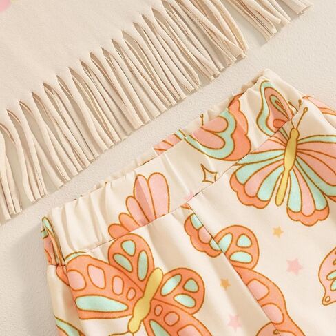 Western Toddler Baby Girl Clothes Vintage Short Sleeve Top Fringe T-Shirt Kids Bell Bottoms Flare Pants Outfits Set in Kuwait