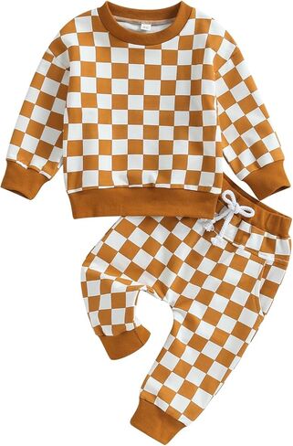 Toddler Baby Boy Girl Fall Winter Outfit Checkered Long Sleeve Sweatshirt Pullover Tops Jogger Pants 2Pcs Clothes Set in Saudi Arabia