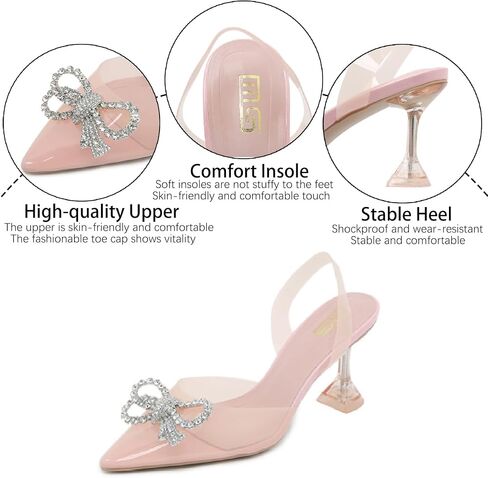 Women's Rhinestones Bow Clear Heels Slingback Pumps Fashion Comfort Closed Pointed Toe Kitten Heels Sandals for Wedding Party Dress Shoes in Kuwait