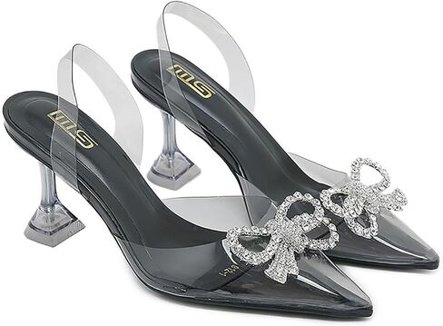 Women's Rhinestones Bow Clear Heels Slingback Pumps Fashion Comfort Closed Pointed Toe Kitten Heels Sandals for Wedding Party Dress Shoes in Kuwait