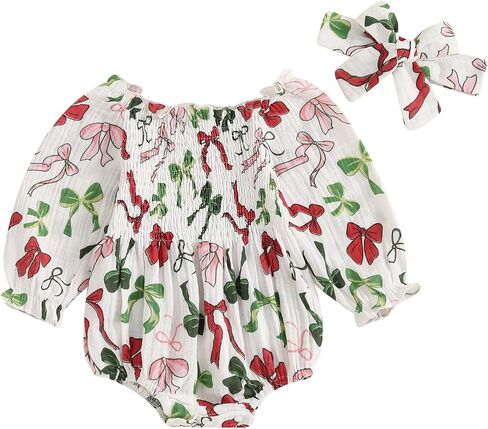 Lamuusaa Newborn Baby Girl Christmas Outfit Bow Print Smocked Romper Cotton Linen Bodysuit Jumpsuit Headband Fall Clothes in Saudi Arabia