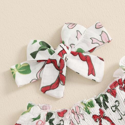 Lamuusaa Newborn Baby Girl Christmas Outfit Bow Print Smocked Romper Cotton Linen Bodysuit Jumpsuit Headband Fall Clothes in Saudi Arabia