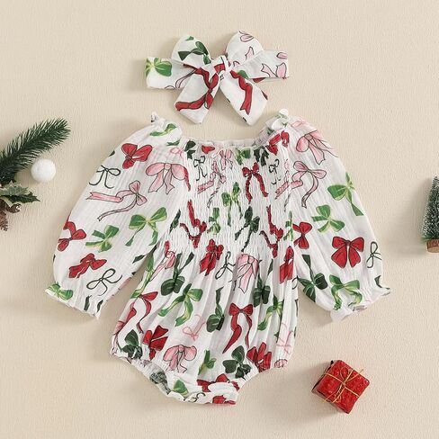 Lamuusaa Newborn Baby Girl Christmas Outfit Bow Print Smocked Romper Cotton Linen Bodysuit Jumpsuit Headband Fall Clothes in Saudi Arabia