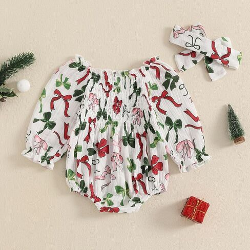 Lamuusaa Newborn Baby Girl Christmas Outfit Bow Print Smocked Romper Cotton Linen Bodysuit Jumpsuit Headband Fall Clothes in Saudi Arabia