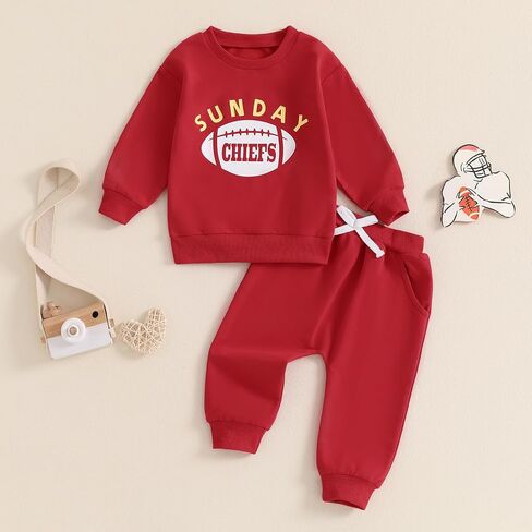 2pcs Toddler Baby Boy Football Outfits Long Sleeve Sunday Chiefs Sweatshirt Jogger Pants Fall Winter Clothes Set in Saudi Arabia