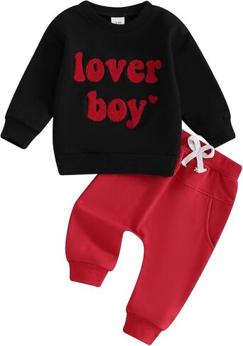 Toddler Baby Boy Valentine's Day Outfit Lover Boy Embroidery Letter Sweatshirt Pullover Tops Jogger Pants Clothes in Kuwait