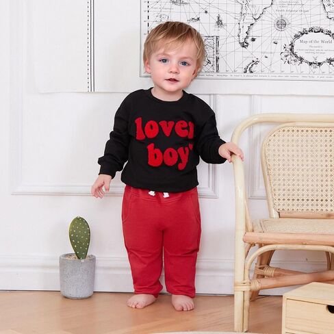 Toddler Baby Boy Valentine's Day Outfit Lover Boy Embroidery Letter Sweatshirt Pullover Tops Jogger Pants Clothes in Kuwait