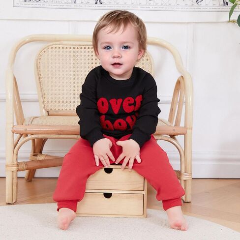 Toddler Baby Boy Valentine's Day Outfit Lover Boy Embroidery Letter Sweatshirt Pullover Tops Jogger Pants Clothes in Kuwait