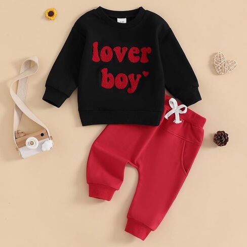 Toddler Baby Boy Valentine's Day Outfit Lover Boy Embroidery Letter Sweatshirt Pullover Tops Jogger Pants Clothes in Kuwait