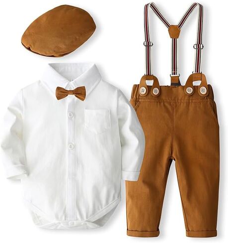 Baby Boys' 4 Pcs Suit Dress Clothes Infant Tuxedo Sets Shirt Collar Top+Strap Pants+Beret+Bow Tie 0-24M in Kuwait