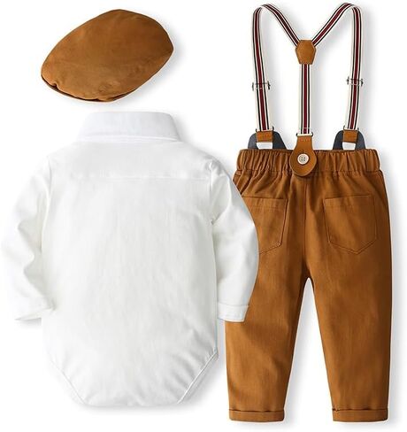 Baby Boys' 4 Pcs Suit Dress Clothes Infant Tuxedo Sets Shirt Collar Top+Strap Pants+Beret+Bow Tie 0-24M in Kuwait