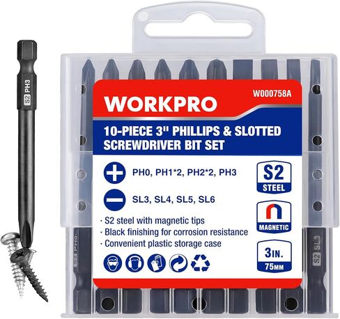 WORKPRO 10pcs Slotted Phillips Screwdriver Bit Set, S2 Steel Magnetic Screwdriver Bits Set, CNC Machined Tips, 1/4 Inch Hex Shank Driver Bits, 3 Inch Long Screwdriver Bits Set with Storage Box in Saudi Arabia