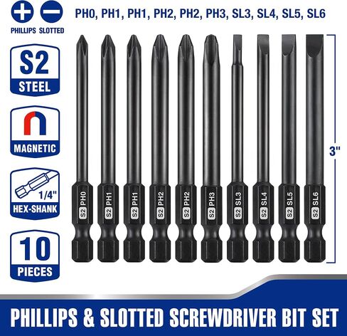WORKPRO 10pcs Slotted Phillips Screwdriver Bit Set, S2 Steel Magnetic Screwdriver Bits Set, CNC Machined Tips, 1/4 Inch Hex Shank Driver Bits, 3 Inch Long Screwdriver Bits Set with Storage Box in Saudi Arabia