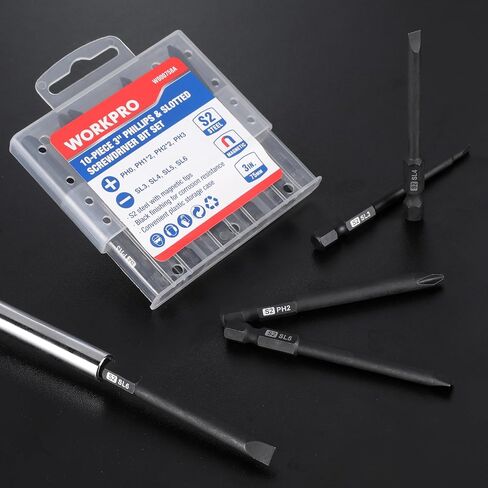 WORKPRO 10pcs Slotted Phillips Screwdriver Bit Set, S2 Steel Magnetic Screwdriver Bits Set, CNC Machined Tips, 1/4 Inch Hex Shank Driver Bits, 3 Inch Long Screwdriver Bits Set with Storage Box in Saudi Arabia