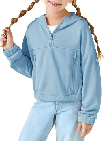 سترة بقلنسوة نصف سحاب للفتيات، سترات فضفاضة بغطاء للرأس مع جيوب للأطفال من عمر 3 إلى 14 عامًا in Kuwait