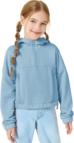 سترة بقلنسوة نصف سحاب للفتيات، سترات فضفاضة بغطاء للرأس مع جيوب للأطفال من عمر 3 إلى 14 عامًا in Kuwait