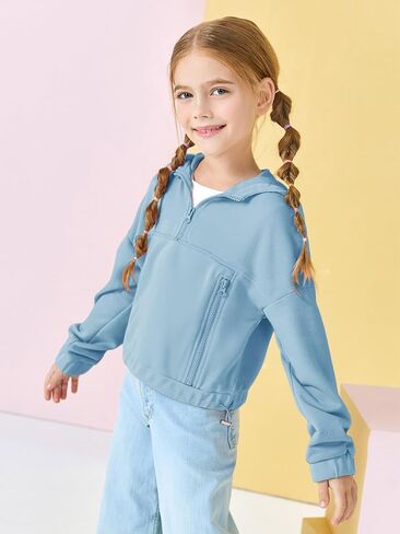 سترة بقلنسوة نصف سحاب للفتيات، سترات فضفاضة بغطاء للرأس مع جيوب للأطفال من عمر 3 إلى 14 عامًا in Kuwait