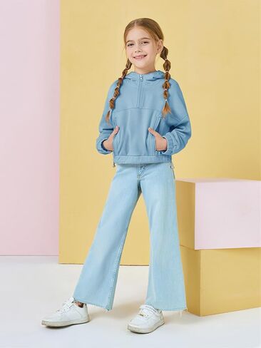 سترة بقلنسوة نصف سحاب للفتيات، سترات فضفاضة بغطاء للرأس مع جيوب للأطفال من عمر 3 إلى 14 عامًا in Kuwait