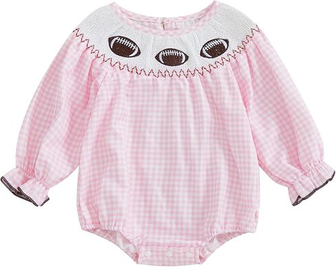 Karuedoo Infant Toddler Baby Girl Football Outfit Plaid Football Embroidery Long Puff Sleeve Smocked Bubble Romper Bodysuit in Saudi Arabia