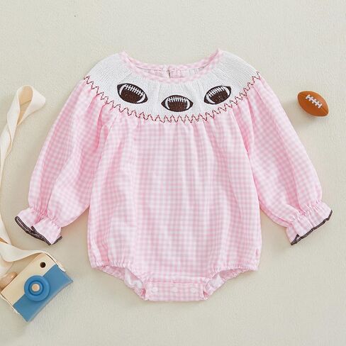 Karuedoo Infant Toddler Baby Girl Football Outfit Plaid Football Embroidery Long Puff Sleeve Smocked Bubble Romper Bodysuit in Saudi Arabia