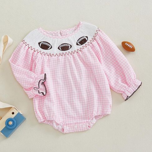 Karuedoo Infant Toddler Baby Girl Football Outfit Plaid Football Embroidery Long Puff Sleeve Smocked Bubble Romper Bodysuit in Saudi Arabia