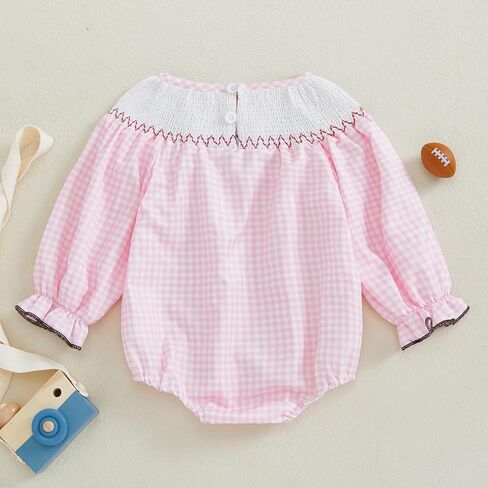 Karuedoo Infant Toddler Baby Girl Football Outfit Plaid Football Embroidery Long Puff Sleeve Smocked Bubble Romper Bodysuit in Saudi Arabia