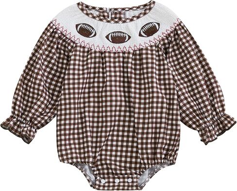Karuedoo Infant Toddler Baby Girl Football Outfit Plaid Football Embroidery Long Puff Sleeve Smocked Bubble Romper Bodysuit in Saudi Arabia