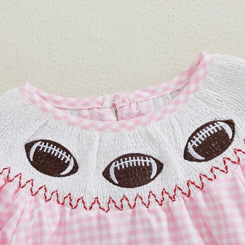 Karuedoo Infant Toddler Baby Girl Football Outfit Plaid Football Embroidery Long Puff Sleeve Smocked Bubble Romper Bodysuit in Saudi Arabia