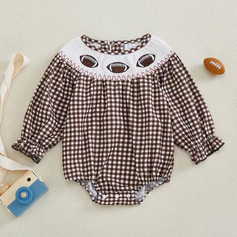 Karuedoo Infant Toddler Baby Girl Football Outfit Plaid Football Embroidery Long Puff Sleeve Smocked Bubble Romper Bodysuit in Saudi Arabia