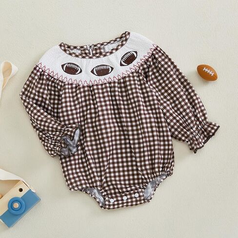 Karuedoo Infant Toddler Baby Girl Football Outfit Plaid Football Embroidery Long Puff Sleeve Smocked Bubble Romper Bodysuit in Saudi Arabia