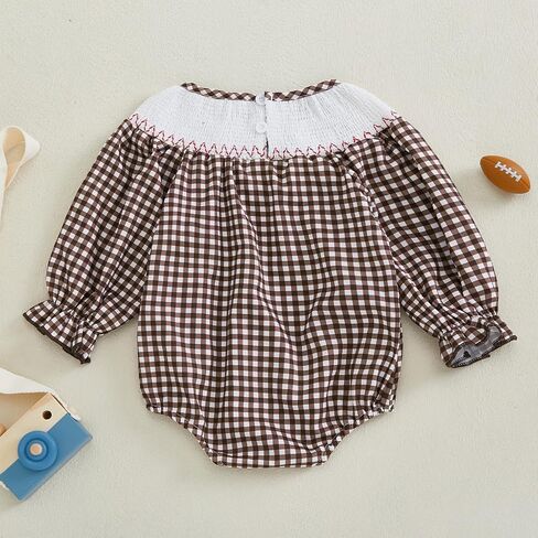 Karuedoo Infant Toddler Baby Girl Football Outfit Plaid Football Embroidery Long Puff Sleeve Smocked Bubble Romper Bodysuit in Saudi Arabia