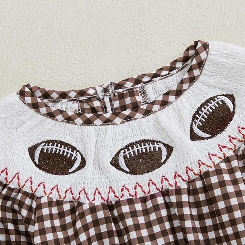 Karuedoo Infant Toddler Baby Girl Football Outfit Plaid Football Embroidery Long Puff Sleeve Smocked Bubble Romper Bodysuit in Saudi Arabia