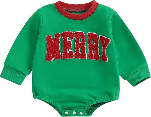 Lesimsam Newborn Baby Boy Girl Christmas Outfit Embroidery Sweatshirt Romper Oversized Long Sleeve Bubble Romper Bodysuit in Kuwait