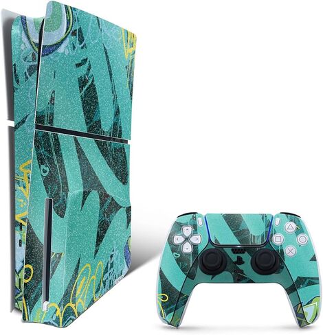 غلاف ألعاب من ألياف الكربون متوافق مع مجموعة PlayStation 5 Slim Disk Edition مع وحدة تحكم - CyanTag - غطاء لاصق واقٍ من الفينيل 3M الفاخر | صُنع في الولايات المتحدة الأمريكية بواسطة MightySkins in Kuwait