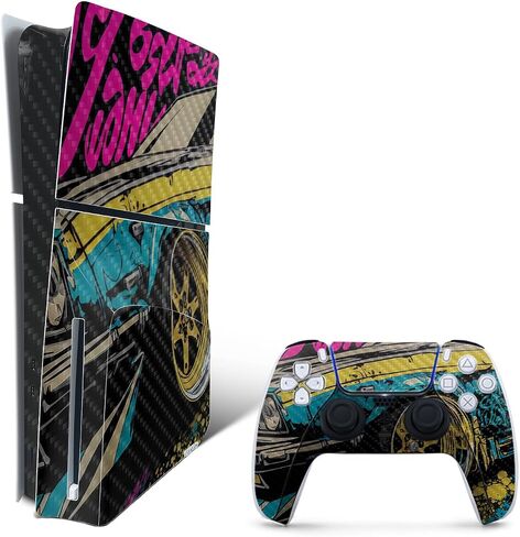 غلاف ألعاب من ألياف الكربون متوافق مع مجموعة PlayStation 5 Slim Disk Edition مع وحدة تحكم - CyanTag - غطاء لاصق واقٍ من الفينيل 3M الفاخر | صُنع في الولايات المتحدة الأمريكية بواسطة MightySkins in Kuwait
